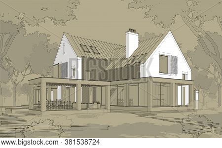 3D Rendering Of Modern Clinker House On The Ponds With Pool Black Line On Craft Background