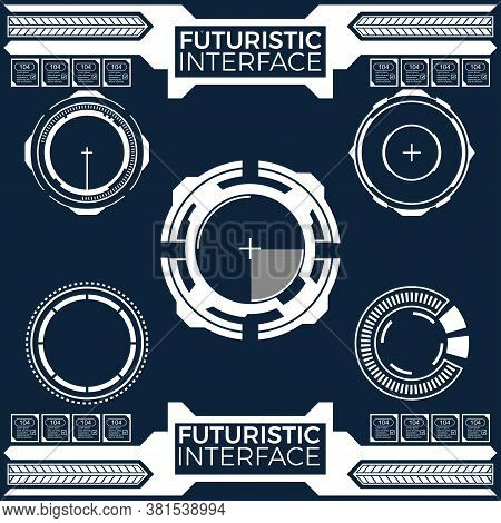 Set Black And White Hud Interface Elements, Lines, Circles, Pointers, Frames For Web Applications, D