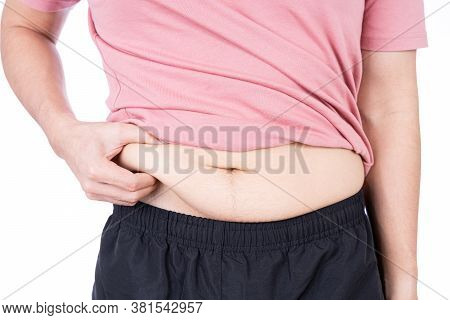 Fat Man Holding Excessive Fat Belly, Overweight Fatty Belly Isolated On Over White Background. Diet