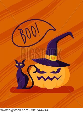 Halloween Cartoon Greeting Card Or Nursery Poster - Halloween Carving Pumpkin Lantern In Witch Hat, 