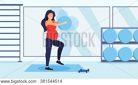 Fitness For Pregnant Woman Concept. Girl Doing Sport Exercises Indoors. Flat Vector Illustration