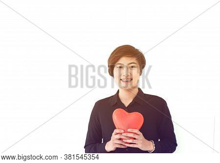 Asian Sporty Woman Short Hair Holding Red Heart Abstract  Love Balloon White Copy Space