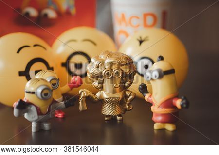 Samut Prakan, Thailand - August 19, 2020 : Happy Meal Collection New Promotions Set Of Minion Toy An
