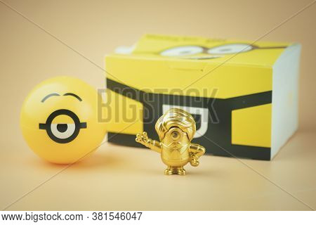 Samut Prakan, Thailand - August 19, 2020 : Happy Meal Collection New Promotions Set Of Minion Toy An