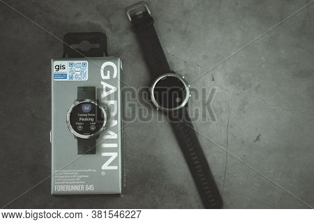 Bangkok, Thailand - August 19, 2020 : Smart Watch Brand Of Garmin Forerunner 645 On Black Background