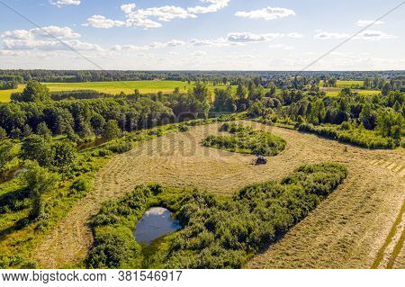 Tractor With Tedders, Top Down Aerial View, Agriculture And Farming