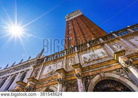 The Campanile Bell Tower Under The Sun In The Piazza San Marco Saint Mark's Square In Venice Italy I