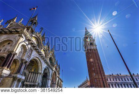 The Campanile Bell Tower Under The Sun In The Piazza San Marco Saint Mark's Square In Venice Italy I