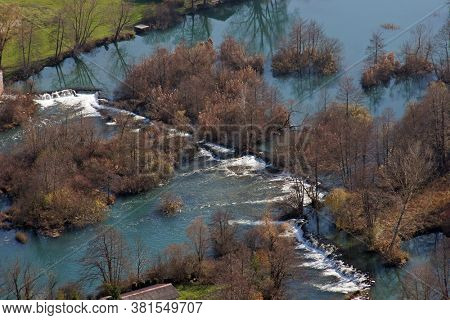 DUGA RESA, CROATIA - JULY 22, 2011: Aerial view of the autumn on the Mreznica River, Duga Resa, Croatia