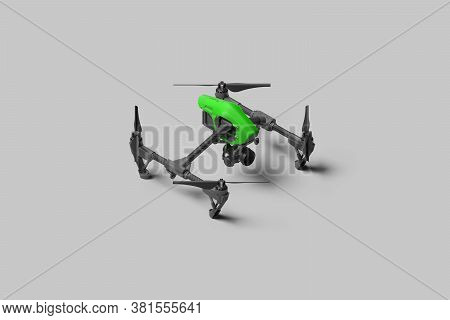 Drone With Remote Control On Gray Monochrome Background. Green Quadcopter With Remote Control. 3d Re