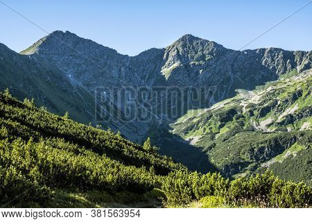 Ostry Rohac And Placlivo Peaks From Saddle Zabrat, Western Tatras, Slovak Republic. Hiking Theme. Se