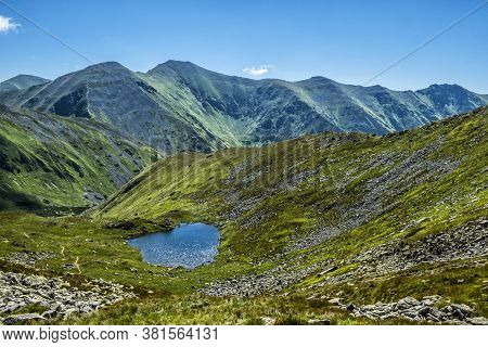 Mountain Lake From Volovec Peak, Western Tatras, Slovak Republic. Hiking Theme. Seasonal Natural Sce