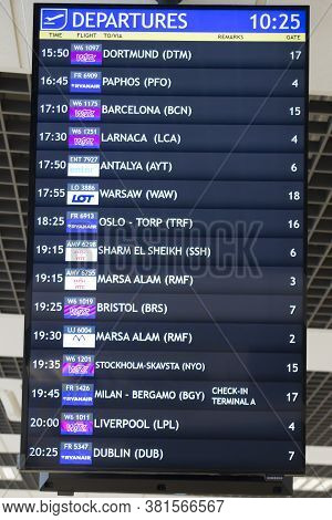 Katowice, Poland, January 25, 2020: Departures Information Board, Katowice Airport, Pyrzowice, Place