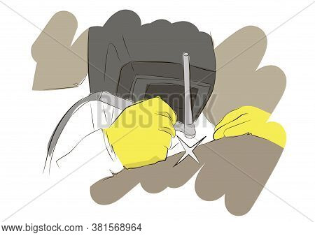 Welding Process Man. Welder Is Working. Welder Welding Steel Piping In Industrial Factory. Metal Ind