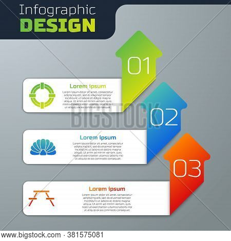 Set Lifebuoy, Scallop Sea Shell And Picnic Table With Benches. Business Infographic Template. Vector
