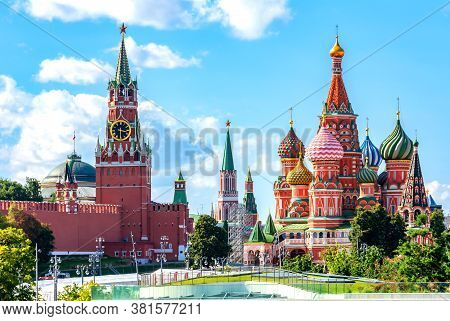Cathedral Of Vasily The Blessed (saint Basil's Cathedral) And Spasskaya Tower On Red Square, Moscow,