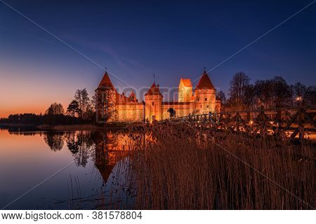 Lithuania, Trakai . Trakai Castle At Night - Island Castle In Trakai Is A Museum And A Cultural Cent