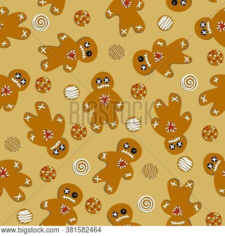 Seamless Pattern With Gingerbread Cookies And Frosting. Halloween Vector Illustration In Hand Drawin