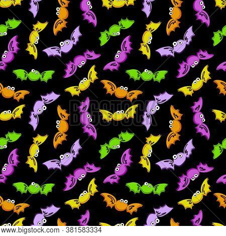 Halloween Candy Bats In Seamless Vector Pattern. Festive Trick Or Treat Food. For Fabrics, Textiles,