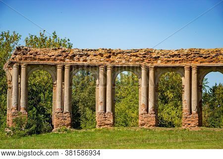 The Ruins Of An Old Abandoned Medieval Palace With Columns In Ruzhany. Brest Region, Belarus.