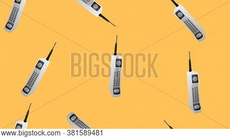 Seamless Pattern Of Retro Old Hipster Cell Mobile Phones From The 70s, 80s, 90s, 2000s On A Blue Bac
