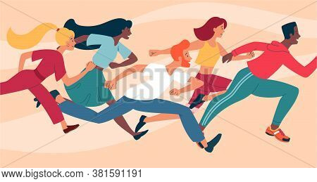 Diverse Group Of Young People Running As A Crowd Towards The Right Of The Frame, Colored Vector Illu