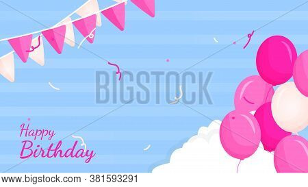 Design Banner Greeting Happy Birthday In Pink For Girl With Balloon And Flag Strands