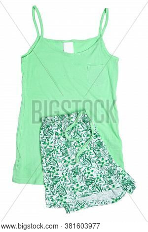 Night Gown Isolated. Close-up Of Green Female Cotton Sexy Nightwear Summer Set Of Shorts And A Top W