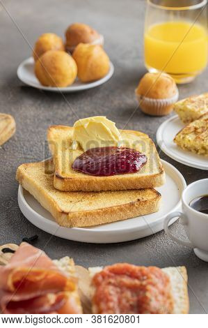 Spanish Breakfast, Crusty  French Toast With Butte And  Magdalena (spanish Cupcake) , Ccoffee And Or