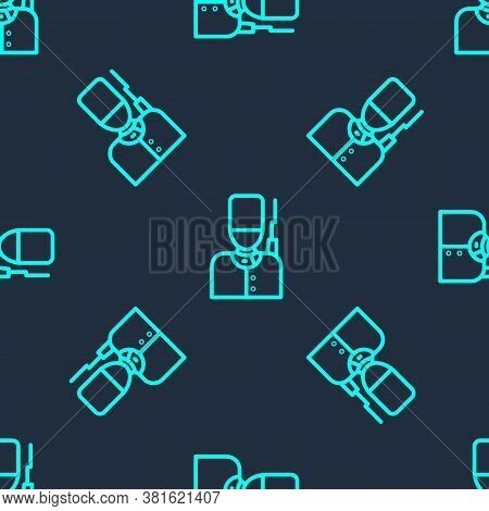 Green Line British Guardsman With Bearskin Hat Marching Icon Isolated Seamless Pattern On Blue Backg