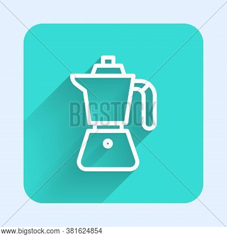 White Line Coffee Maker Moca Pot Icon Isolated With Long Shadow. Green Square Button. Vector