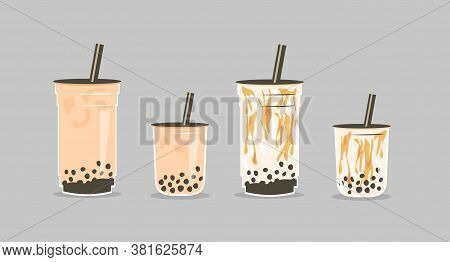 Set Of Famous Taiwanese Beverage. Take Away Glass Of Brown Sugar Bubble Tea And Pearls Milk Tea In T