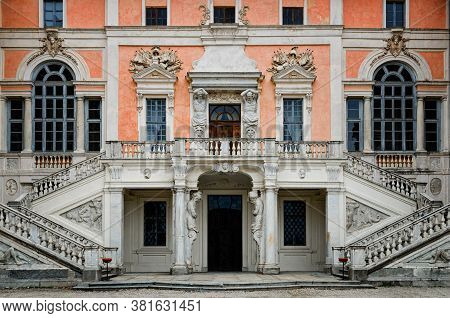 Castle Of Govone In Piedmont, Italy. Detail Of The Facade