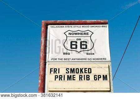 Afton Usa - September 8 2015; Street Through Ghost Town Afton Restaurant Sign For Nowhere, Oklahoma 
