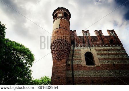 Rivarolo, Italy - May 28, 2017: Castle Of Malgrà In Rivarolo Canavese (italy), Neo Gothic Palace Wit