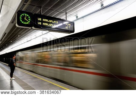 Vienna, Austria - May 17, 2017: Subway Underground Station In Vienna (austria) With A Train Running 