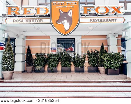 Sochi, Russia - 25 February 2020. Porch Of The Restaurant Red Fox Decorated With Many Potted Plants