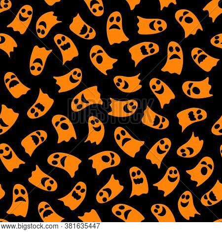 Cute Cartoon Ghosts Seamless Pattern. Hand Drawn Orange Spirits On Black Background For Halloween De
