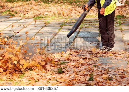 Worker Cleaning Falling Leaves In Autumn Park. Man Using Leaf Blower For Cleaning Autumn Leaves.