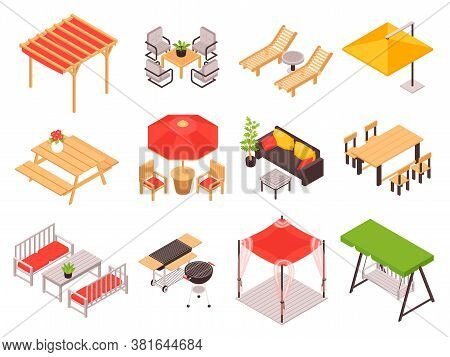 Isometric Garden Furniture Terrace Outdoor Set With Isolated Tent Images Wooden Tables Lounge And Be