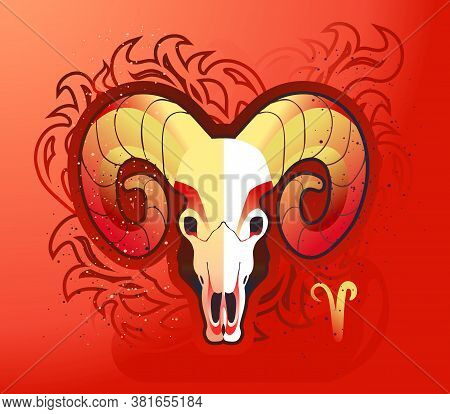 Aries Zodiac Astrological Sign In Round Shape Isolated On White Background, In The Gothic Style, Hor