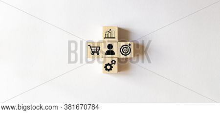 Sale Volume Increase Make Business Success, Hand Holding Wood Cube With Icon Goal And Shopping Cart