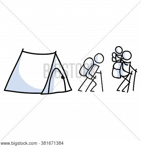 Hand Drawn Stickman Camping Family Concept. Simple Outdoor Vacation Doodle Icon For Staycation, Fami
