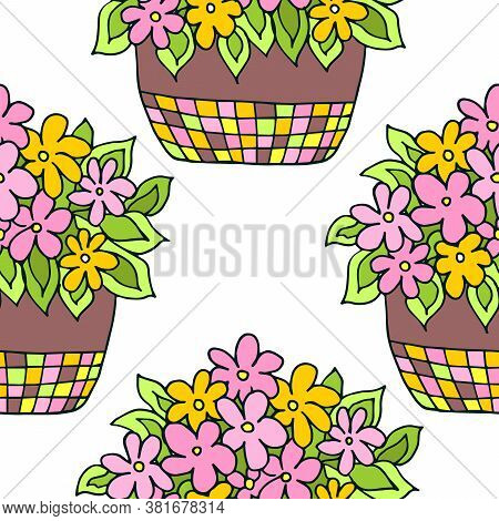 Seamless Pattern With Cute Hand Drawn Flower Plants In Pots. Doodle Vector Bright Illustration House