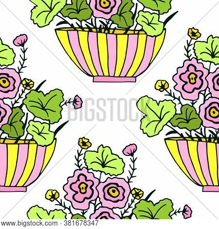 Seamless Pattern With Cute Hand Drawn Flower Plants In Pots. Doodle Vector Bright Illustration House