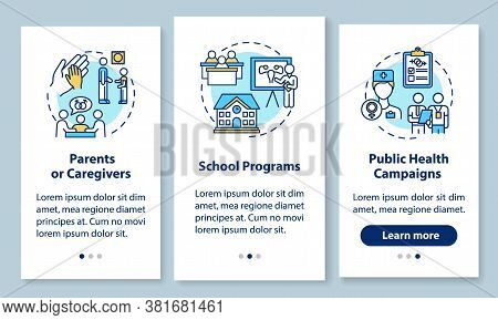 School Program On Sex Ed Onboarding Mobile App Page Screen With Concepts. Public Health Campaign Wal