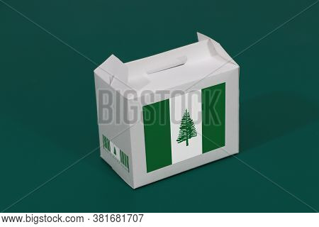Norfolk Flag On White Box With Barcode And The Color Of Nation Flag On Green Background. The Concept