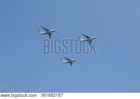 Moscow, Russia - June 20, 2020:military Transport Aircraft Il-76md In The Sky Over Moscow During The