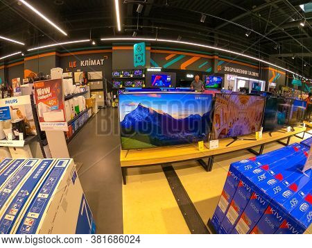 Kyiv, Ukraine - August 16, 2020: New Tv Sumsung Inside Store At Kyiv, Ukraine On July 29, 2020