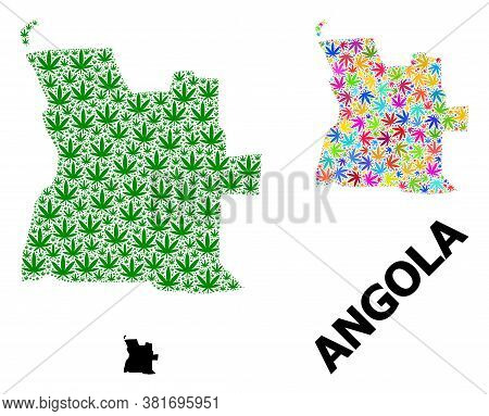 Vector Cannabis Mosaic And Solid Map Of Angola. Map Of Angola Vector Mosaic For Cannabis Legalize Ca